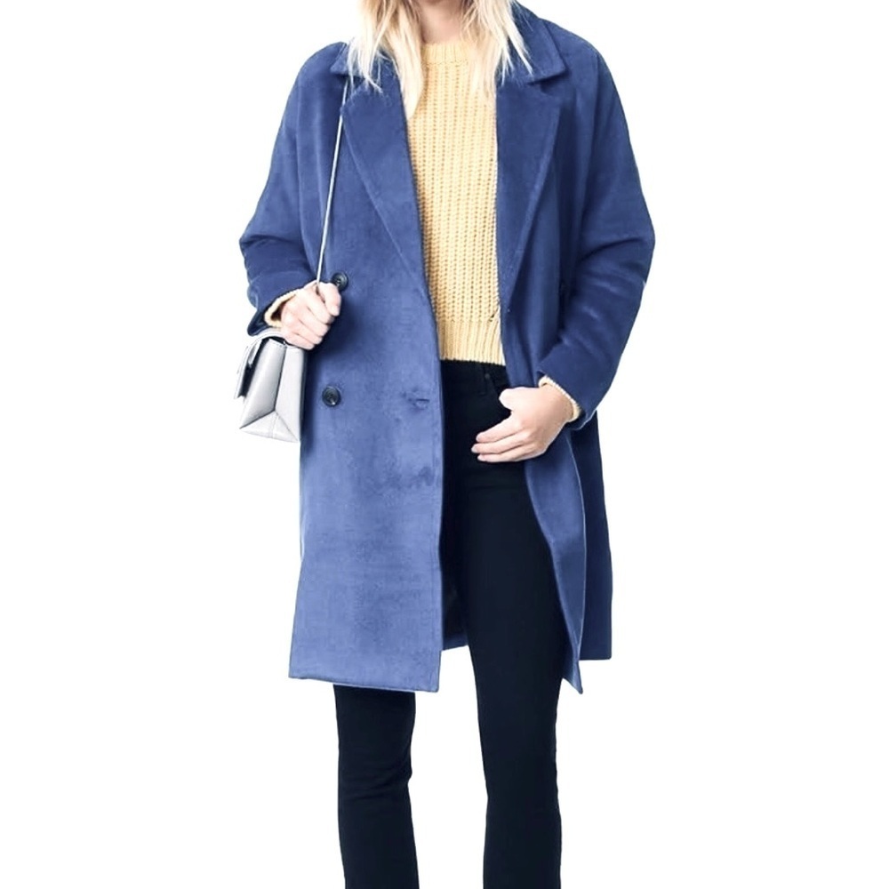 DKNY Women's Double Breasted Longline Wool and Angora Wrap Coat, electronic blue